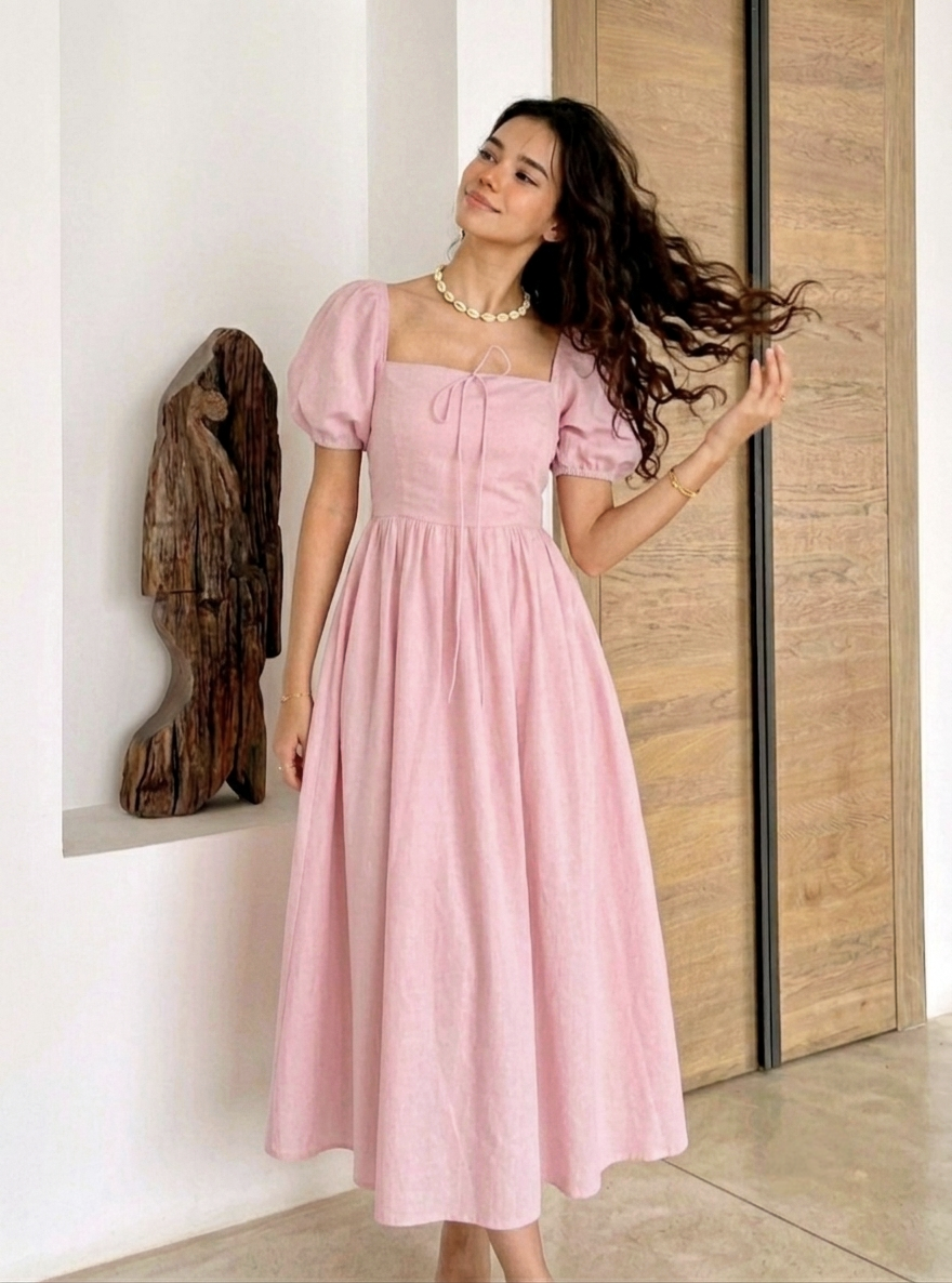 Puff Sleeve Maxi Dress (baby pink)  by Evania Belle