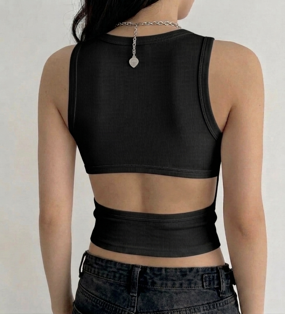 Ribbed Side-Cutout Crop Top (Black)