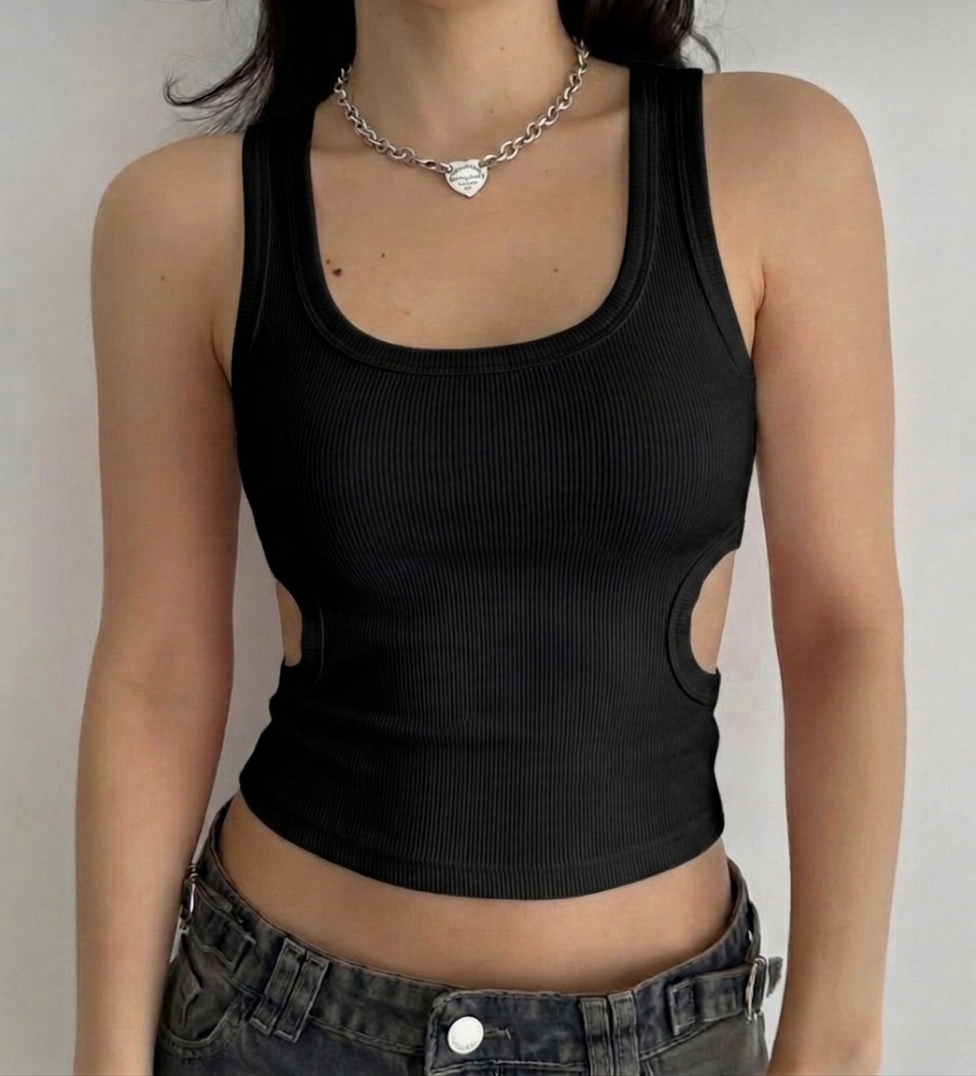 Ribbed Side-Cutout Crop Top (Black)