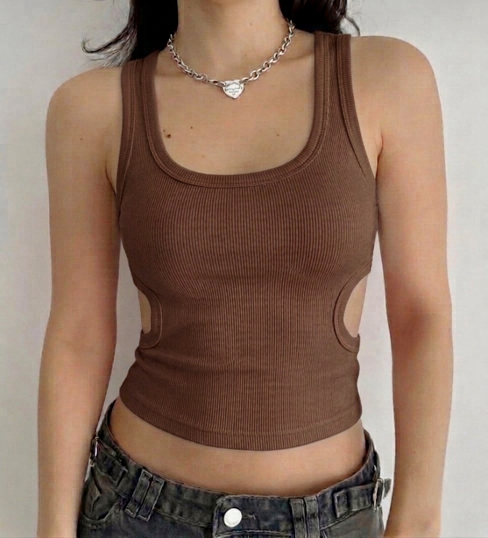 Ribbed Side-Cutout Crop Top (Brown)