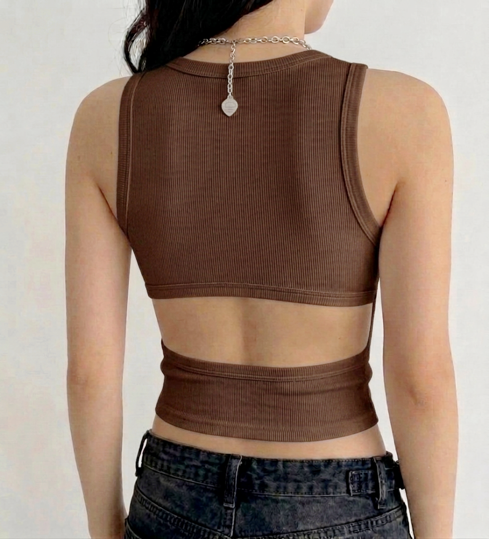 Ribbed Side-Cutout Crop Top (Brown)